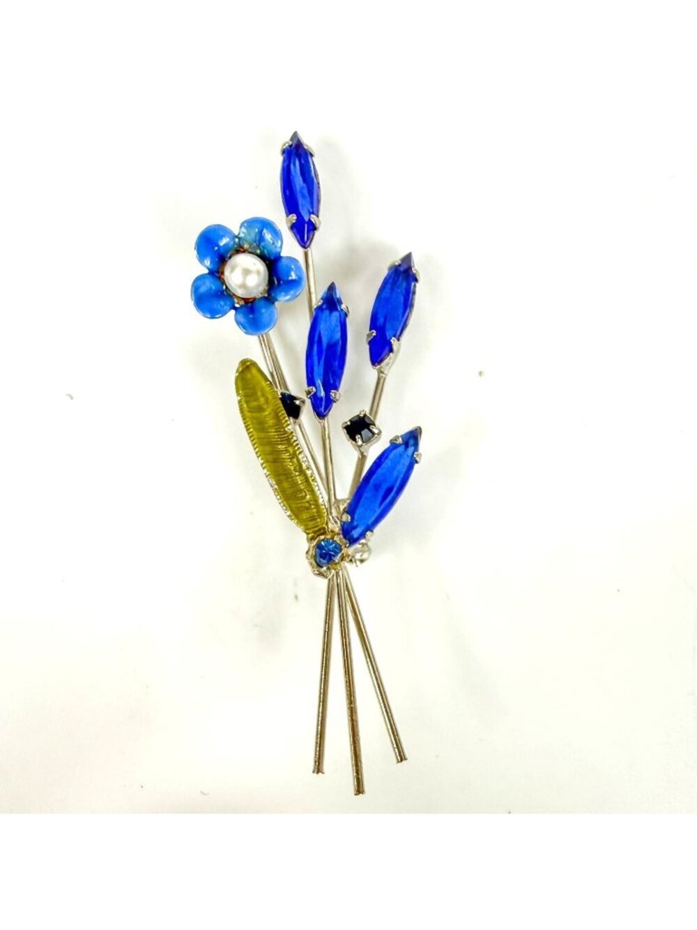 Vintage Floral Rhinestone Brooch Blue Green Enamel Faux Pearl Silver Tone Brooch
